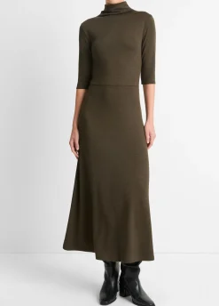 Elbow-Sleeve Turtleneck Dress