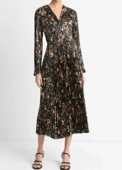 Orchid Vine Pleated Satin Long-Sleeve Dress
