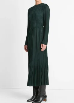 Pleated Satin Long-Sleeve Dress