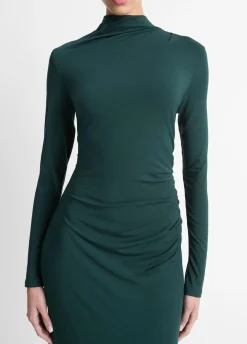 Ruched Long-Sleeve Turtleneck Dress