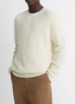 Shaker-Stitch Wool-Cashmere V-Neck Sweater
