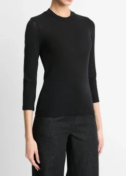 Wool Three-Quarter-Sleeve Mock-Neck Top