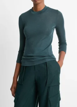 Wool Three-Quarter-Sleeve Mock-Neck Top