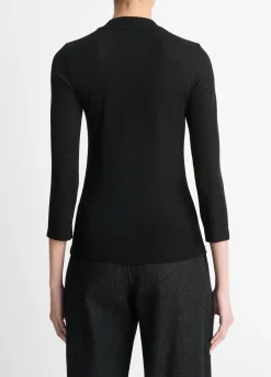 Wool Three-Quarter-Sleeve Mock-Neck Top