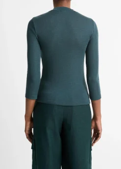Wool Three-Quarter-Sleeve Mock-Neck Top